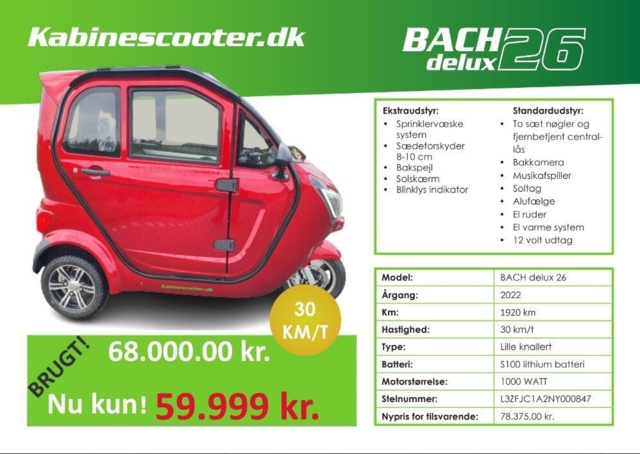 SOLGT - Brugt  BACH delux 26 - S100 Lithium batteri - kan køre 90 km på en opladning. (Privat kommission salg)  Salgs pris den 6/10-2023  Pris 62.000 kr. ---  NY Salgspris den 30/11-2023  59.999 kr.